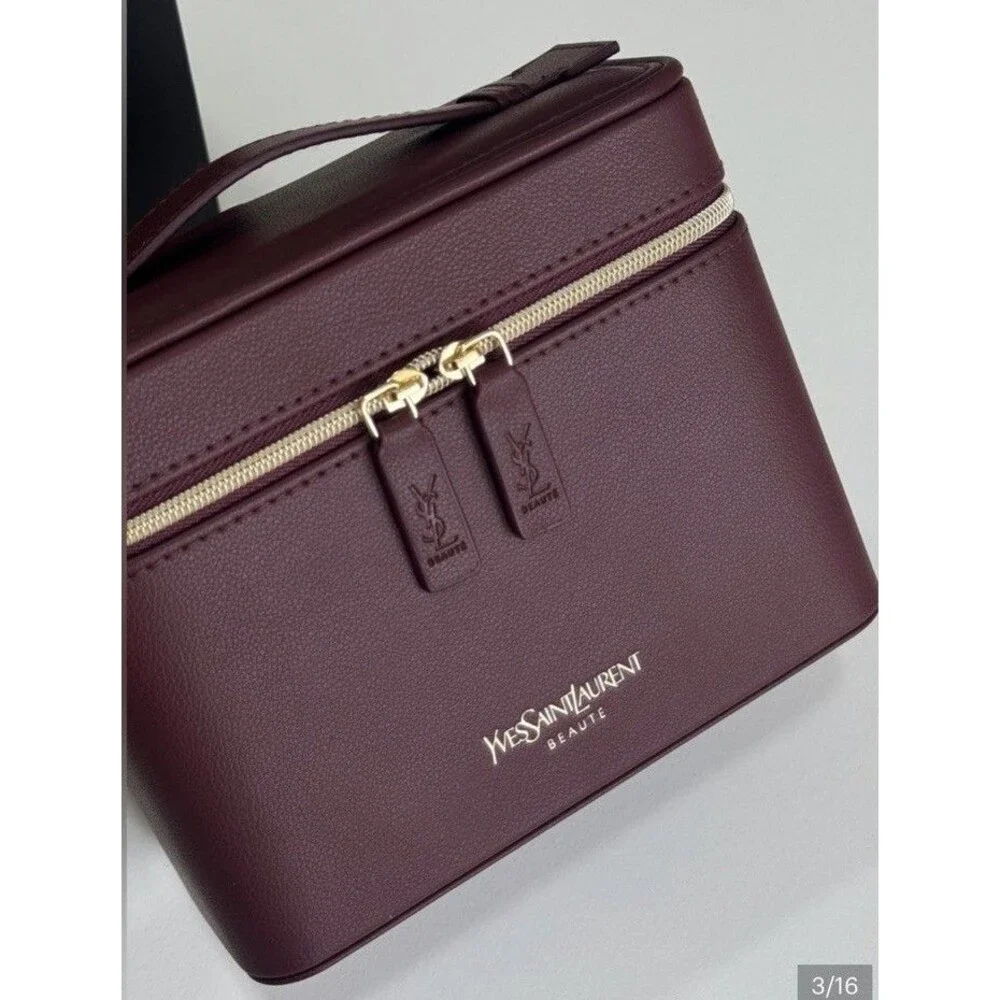 YSL Yves Saint Laurent Beaute Burgundy Wine Cosmetic Vanity Train Case Gold Zip
